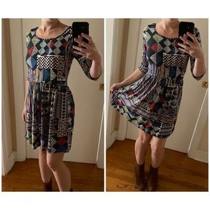 Retro Patterned Dress with Keyhole Back - Blue Green Red Line Design